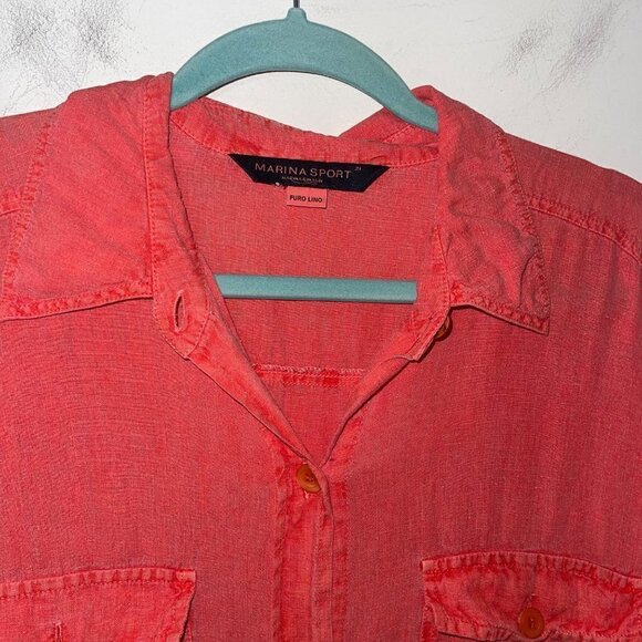 Marina Rinaldi Maxi Shirt Dress Size 12 Coral Linen Washed Button Front Pockets - Picture 8 of 15